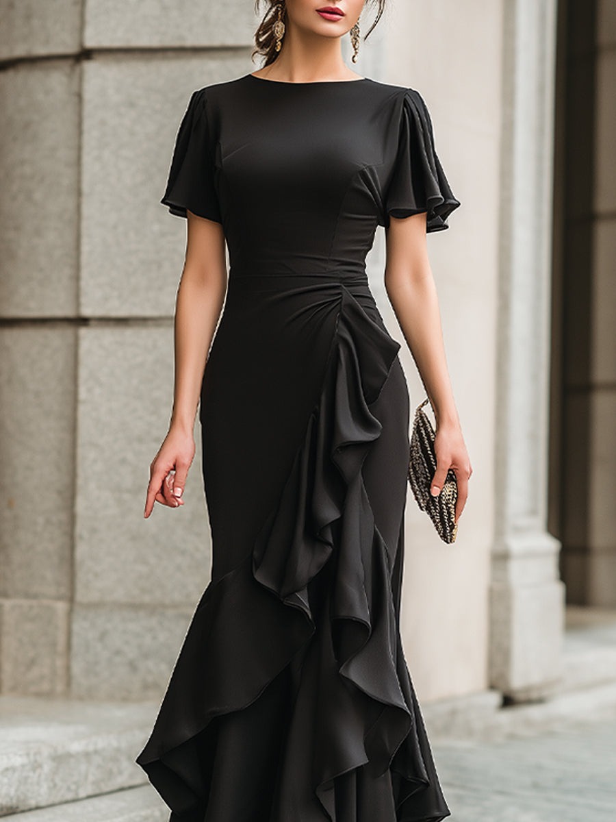 Black Flutter Sleeve Ruffled Evening Gown