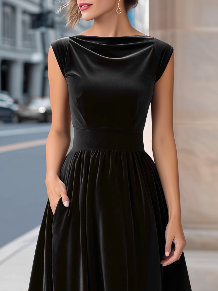 Black Velvet Boat-Neck Sleeveless A-Line Evening Gown