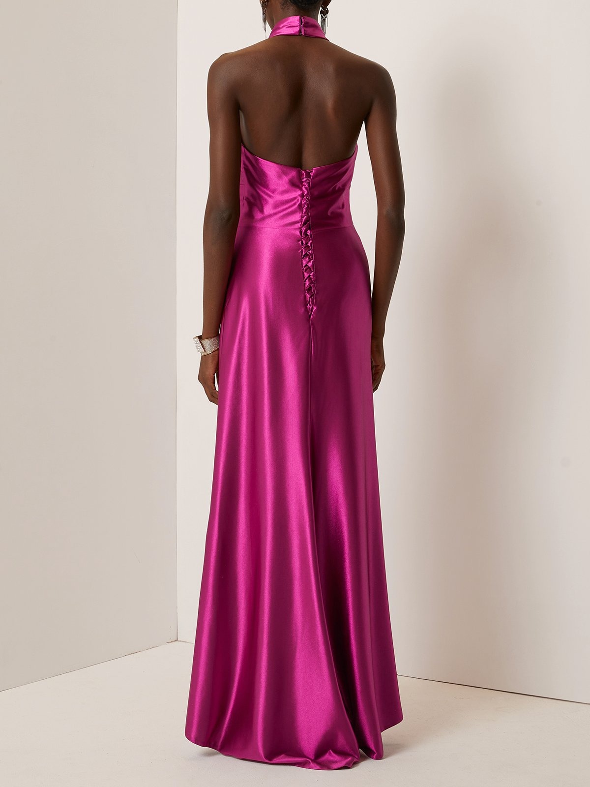 Rose Red Halter Neck Ruched Satin Mock Neck Sleeveless Sheath Gown Dress