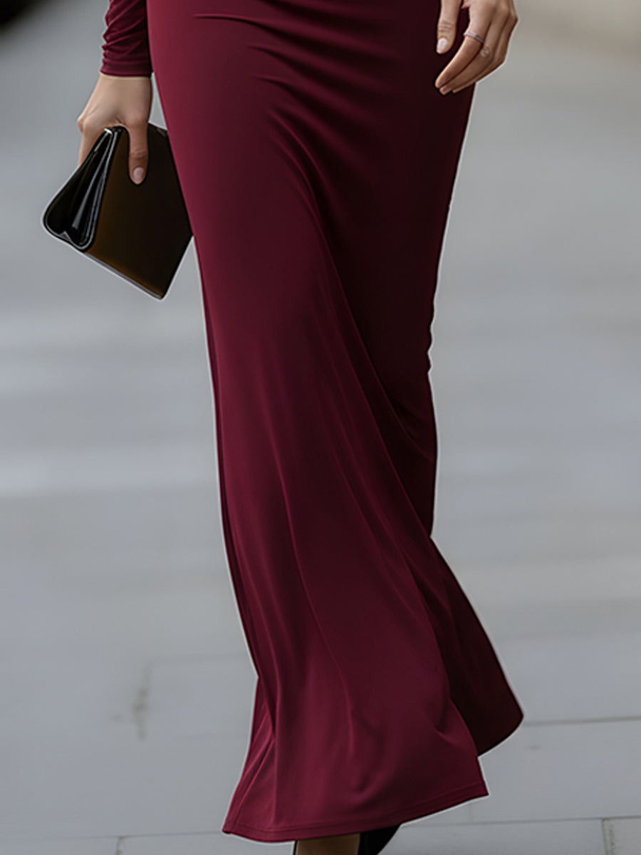 Burgundy Elegant Long-Sleeve Draped Cutout Evening Gown
