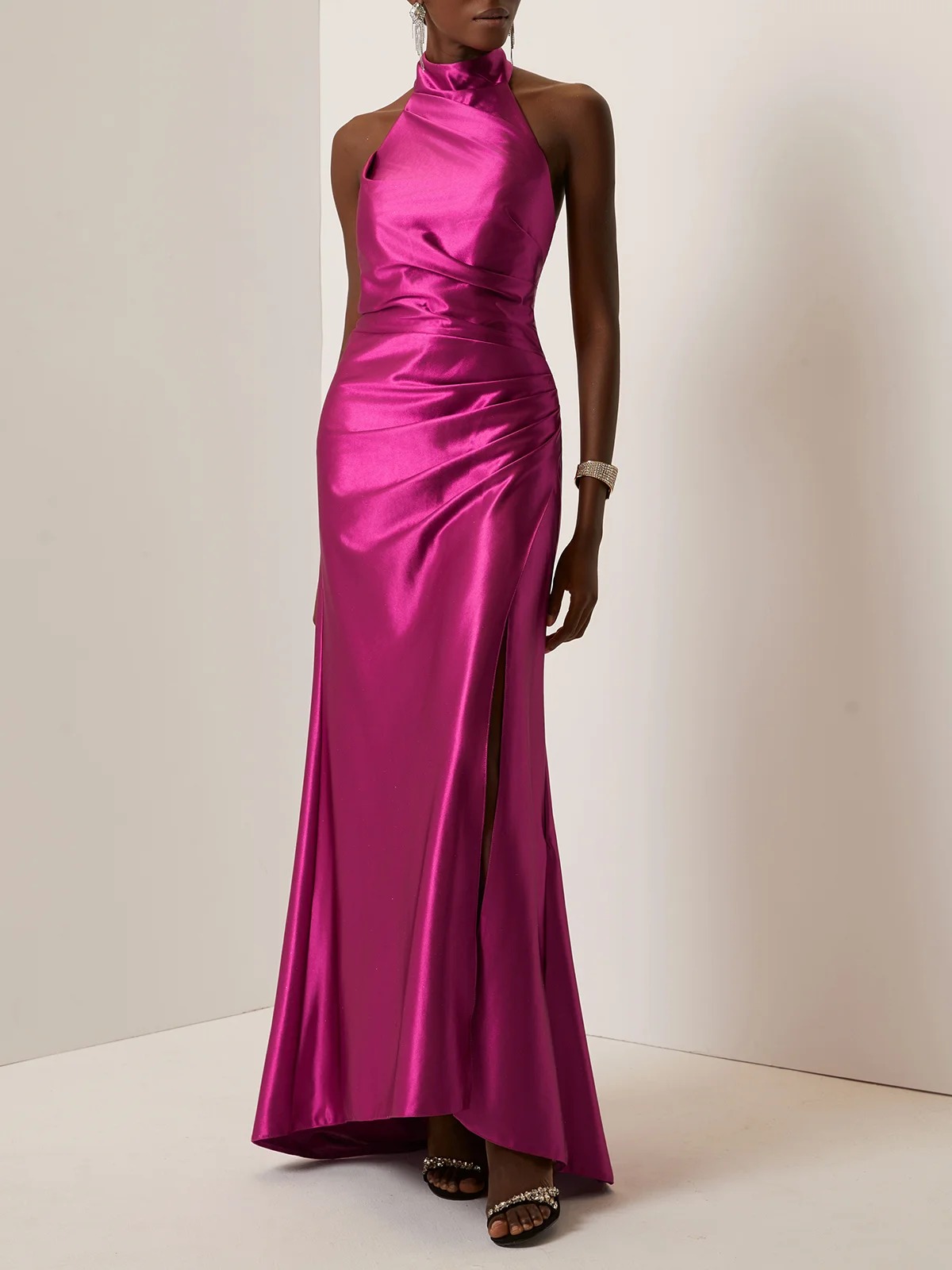 Rose Red Halter Neck Ruched Satin Mock Neck Sleeveless Sheath Gown Dress