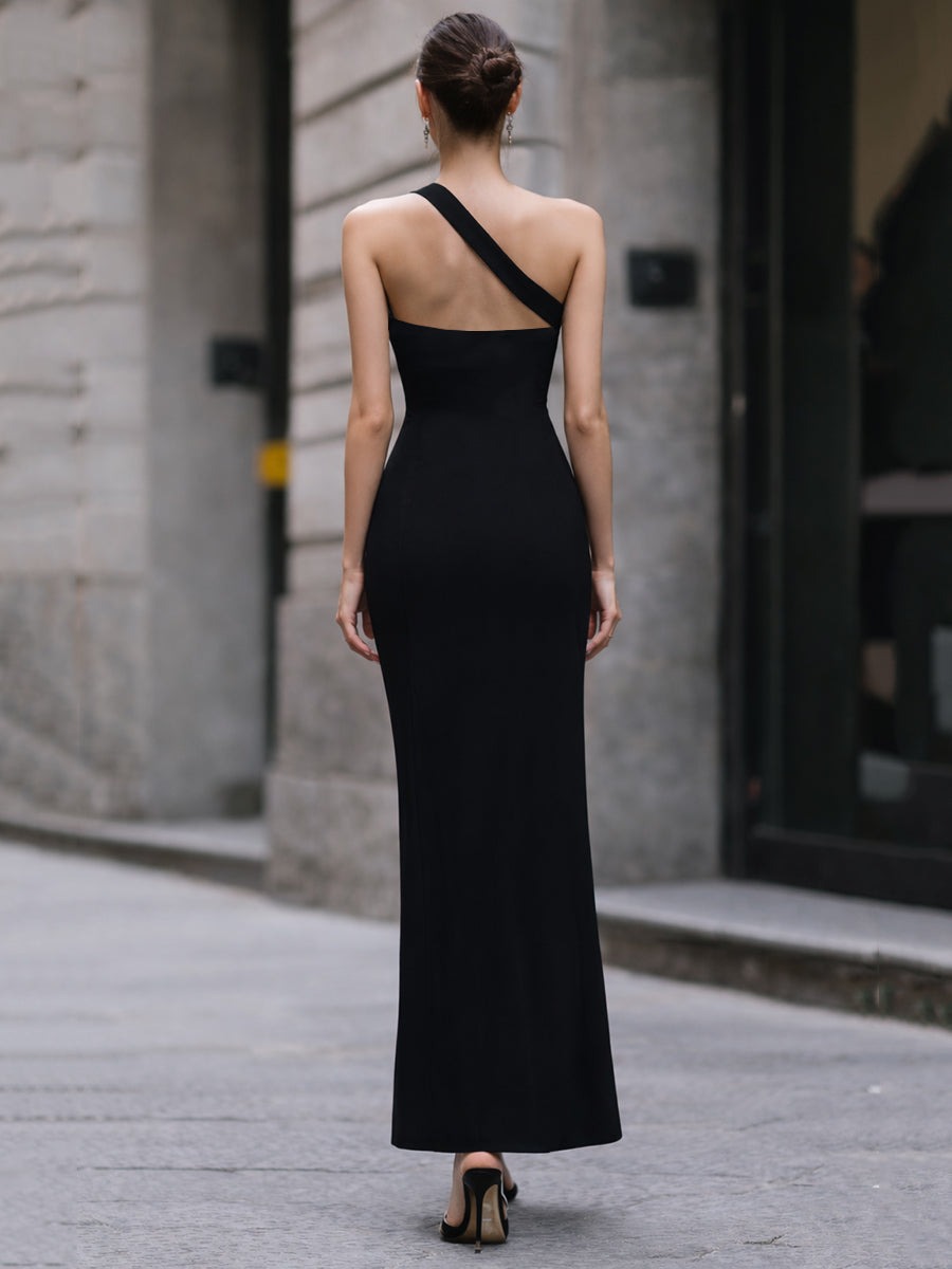 Black Midnight Contrast One-Shoulder Maxi Dress With High-Slit Detail