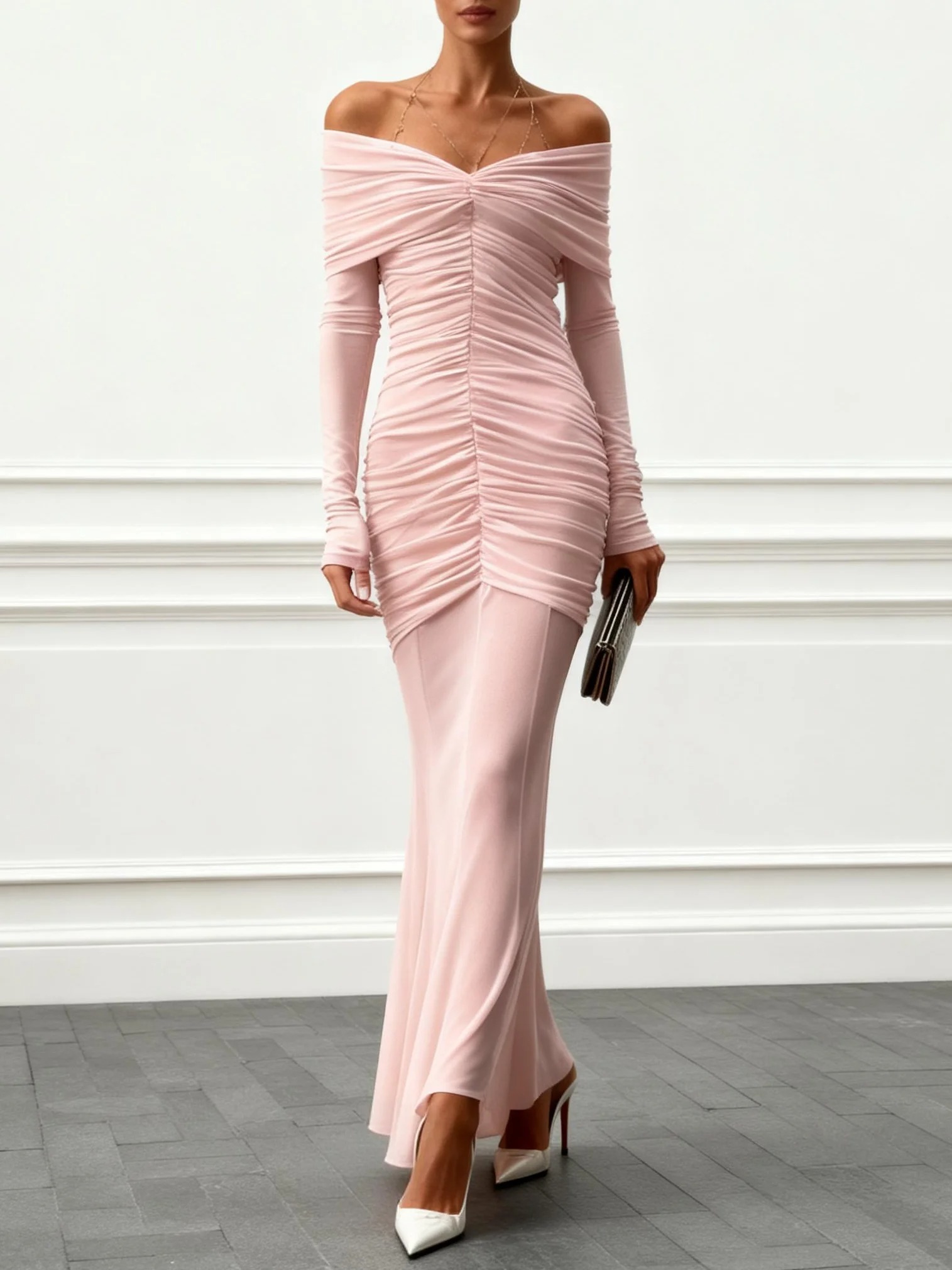Pink Ruched Split Joint Knit Off The Shoulder Long Sleeve Mermaid Maxi Dress