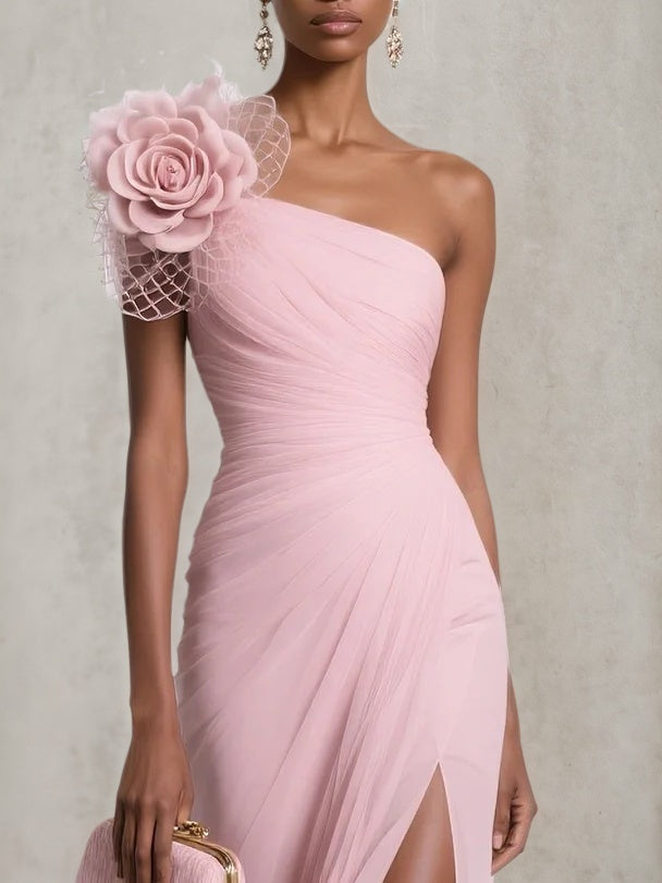 Pink Chiffon 3D Floral Slit One Shoulder Sleeveless Sheath Gown Dress