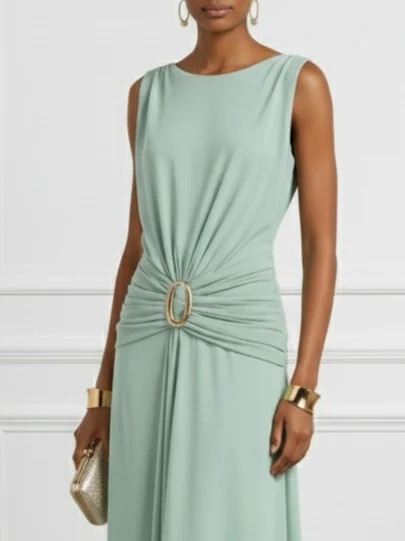 Green Ruched Knit Crew Neck Sleeveless A-Line Maxi Dress