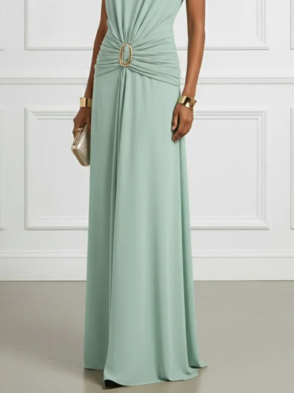 Green Ruched Knit Crew Neck Sleeveless A-Line Maxi Dress