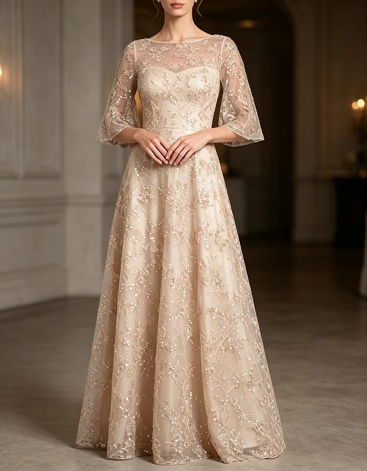 Boat Neck Flare Sleeve Beaded Mesh Evening Gown