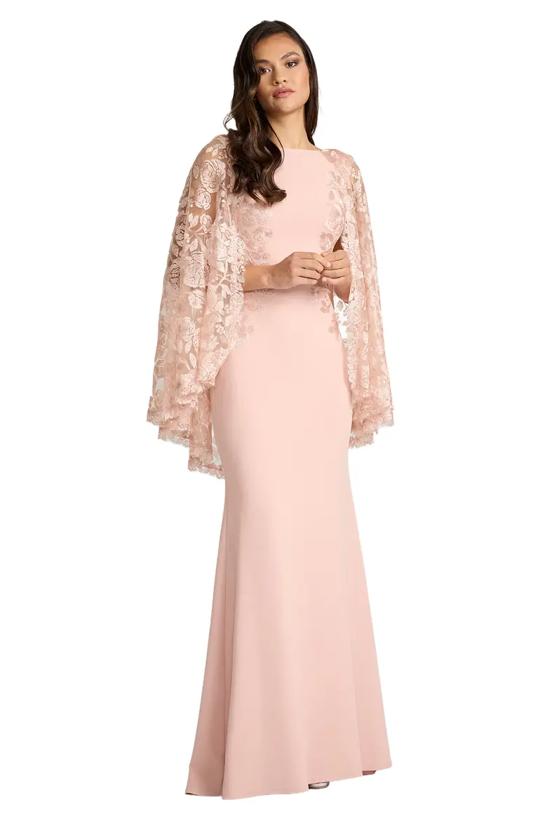 Bateau Neck Lace Cape Overlay Evening Gown