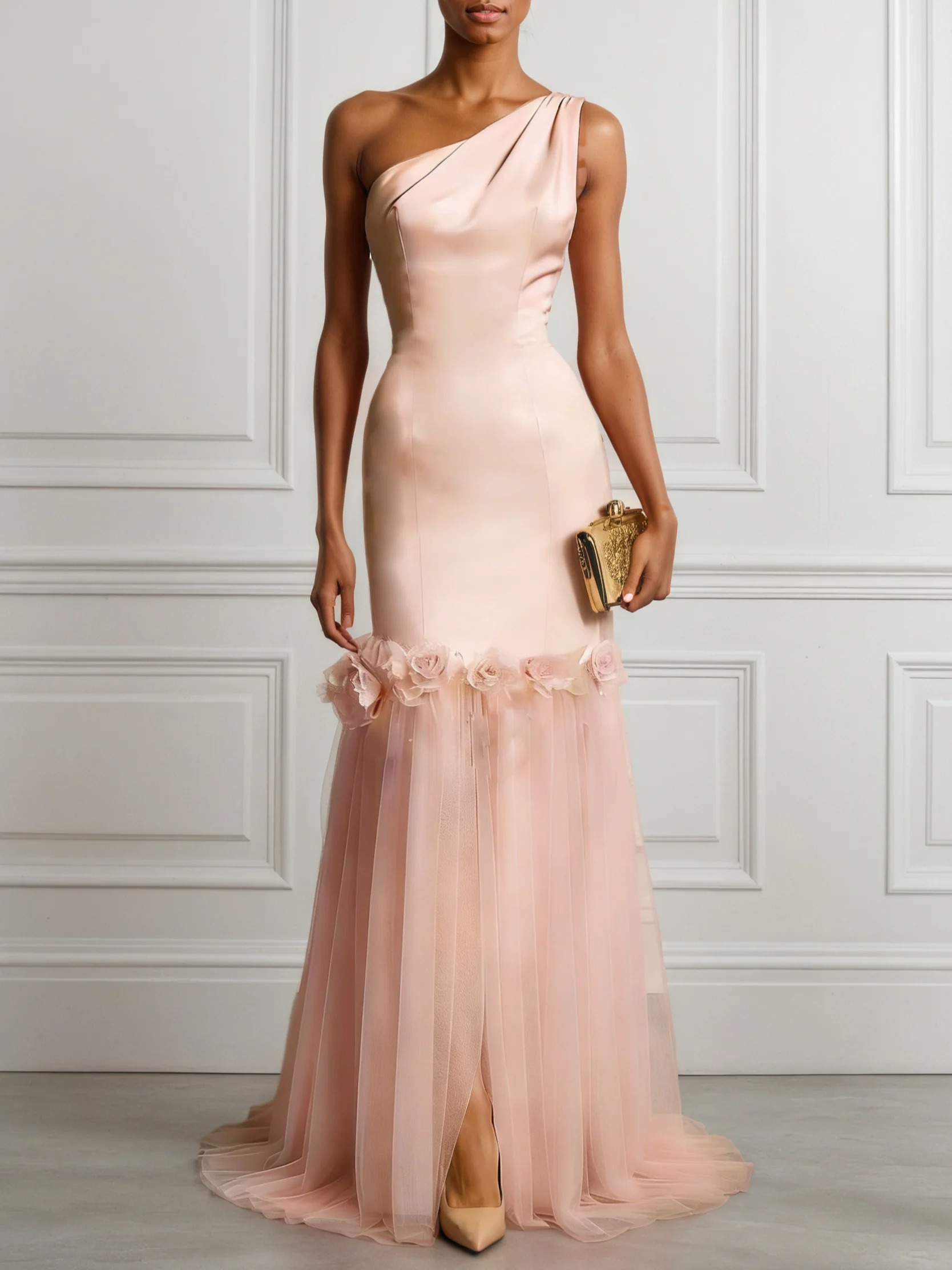 Pink Split Joint Mesh 3D Floral Satin One Shoulder Sleeveless Sheath Maxi Dress