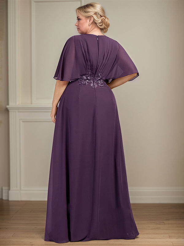 A-Line V-Neck Floor-Length Chiffon Mother of the Bride Dress With Appliques Pleated