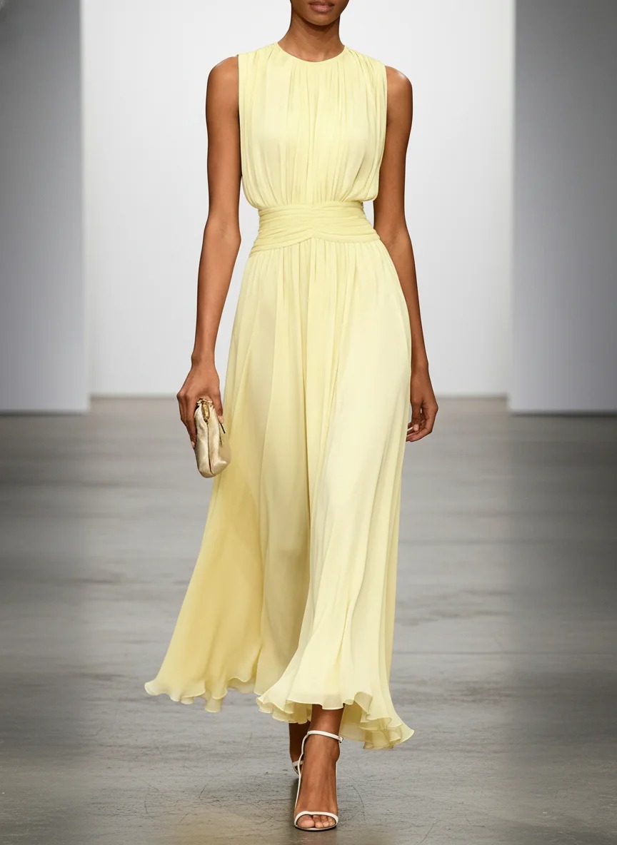 Yellow Ruched Chiffon Crew Neck Sleeveless A-Line Maxi Dress