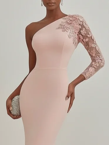 Pink Lace Classic One Shoulder Long Sleeve Mermaid Gown Dress