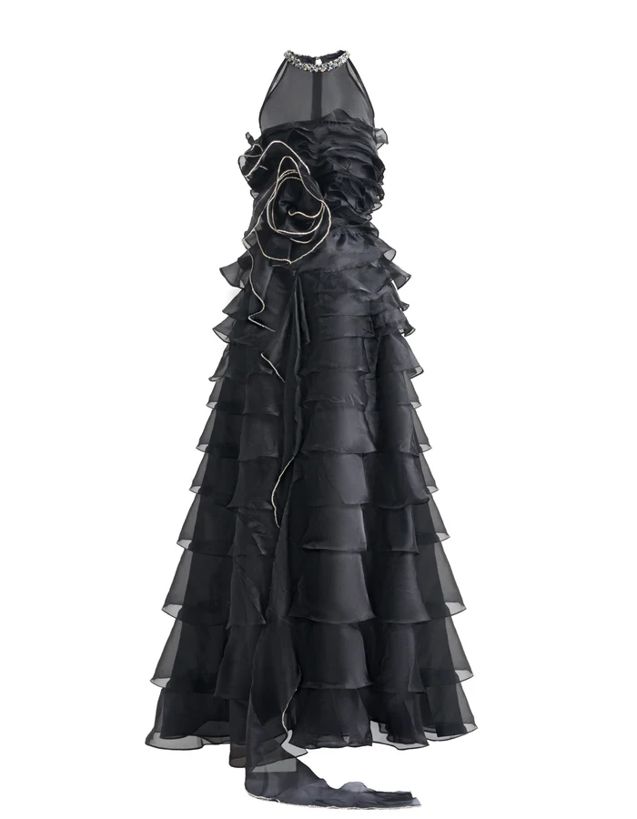 Black Silk A-line Ruffled Layered Organza Maxi Dress