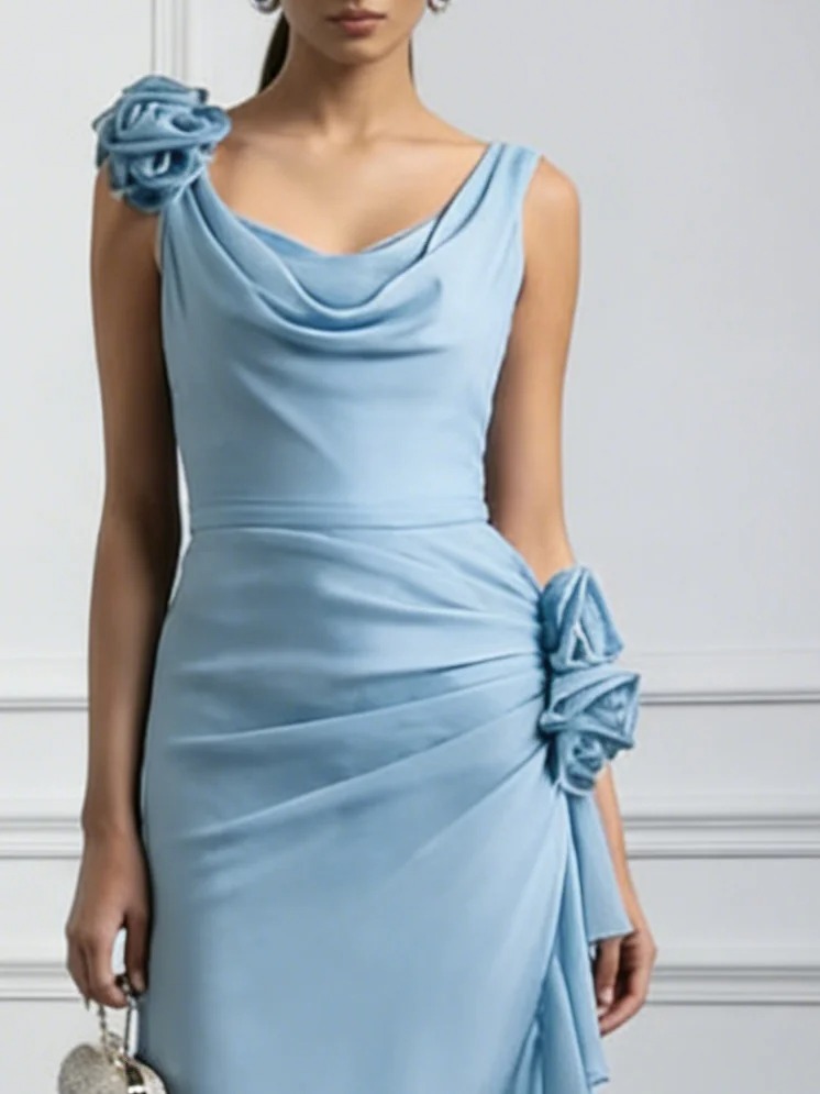 Light Blue 3D Floral Ruched Classic Cowl Neck Sleeveless Sheath Maxi Dress