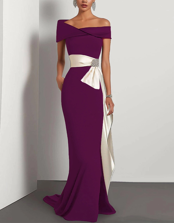 Formal Dress Green One-Shoulder Rhinestone Waist Belt Maxi Dress