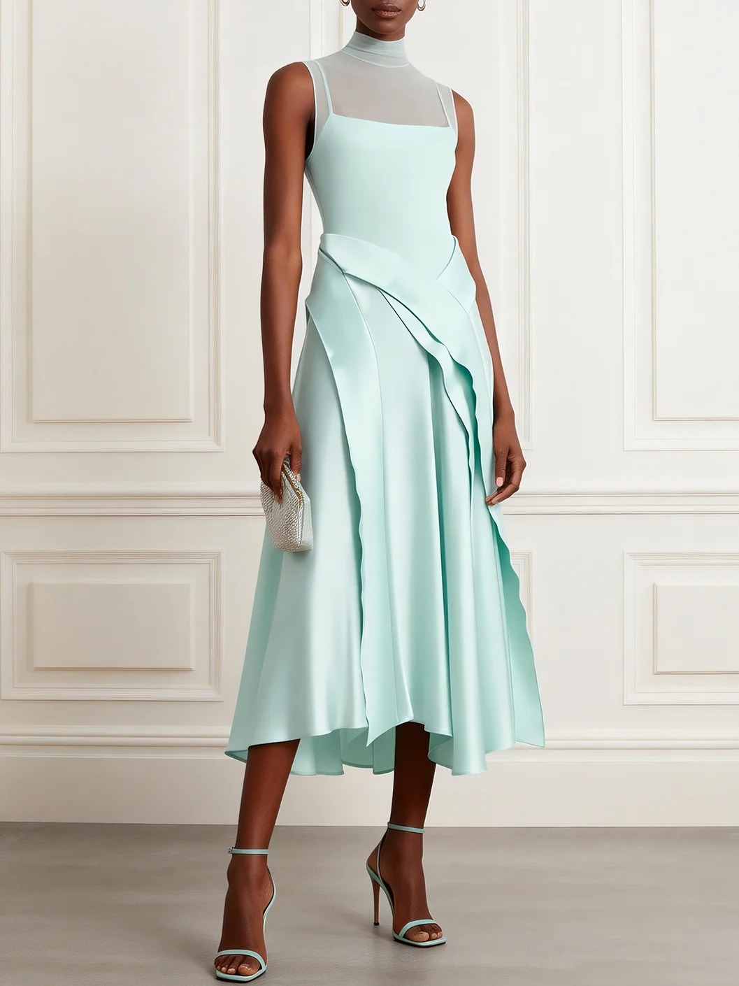 Light Green Asymmetric Classic Mock Neck Sleeveless A-Line Maxi Dress