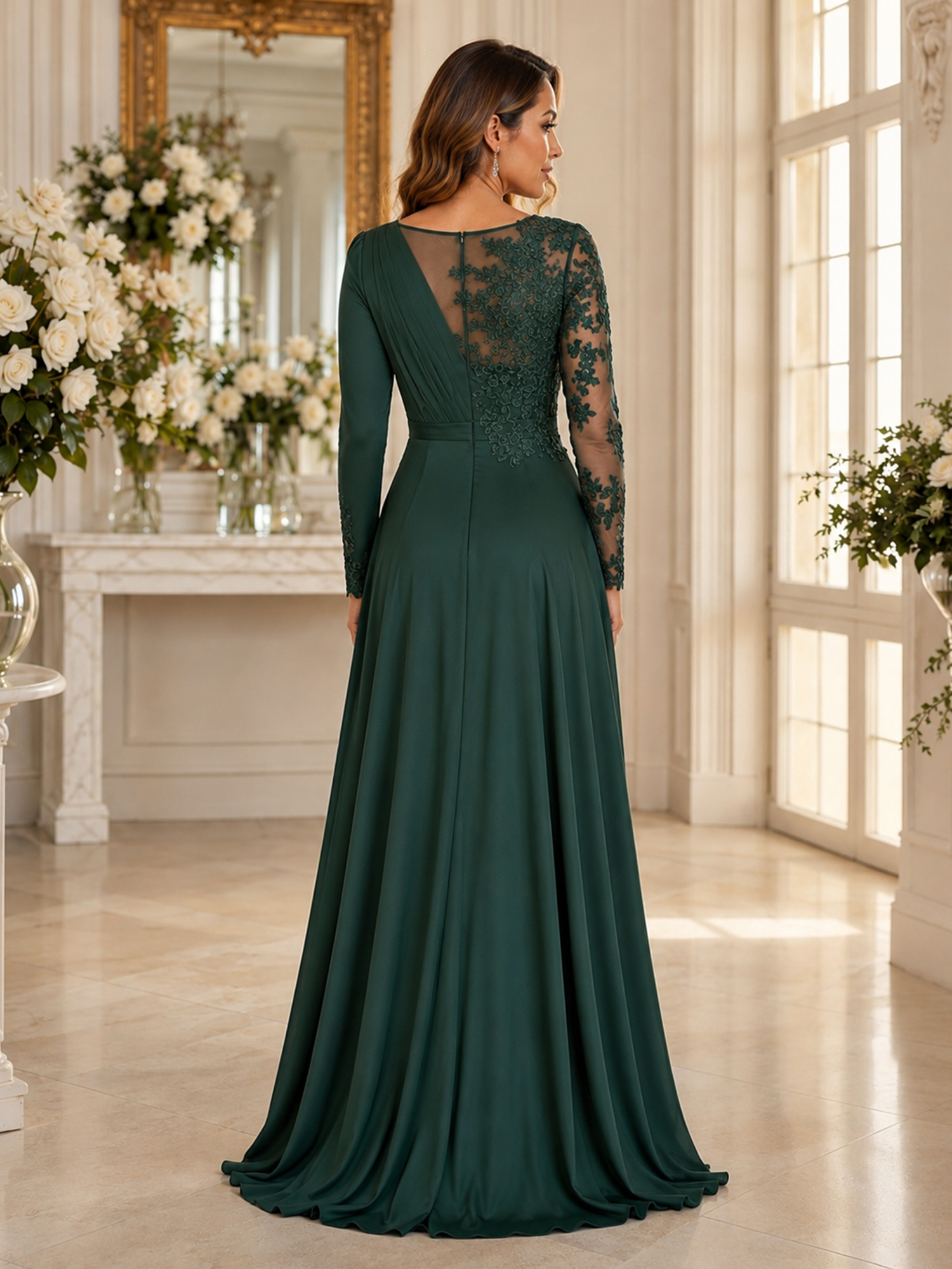 Sheer Illusion Long Sleeve Lace Applique High Slit Evening Gown