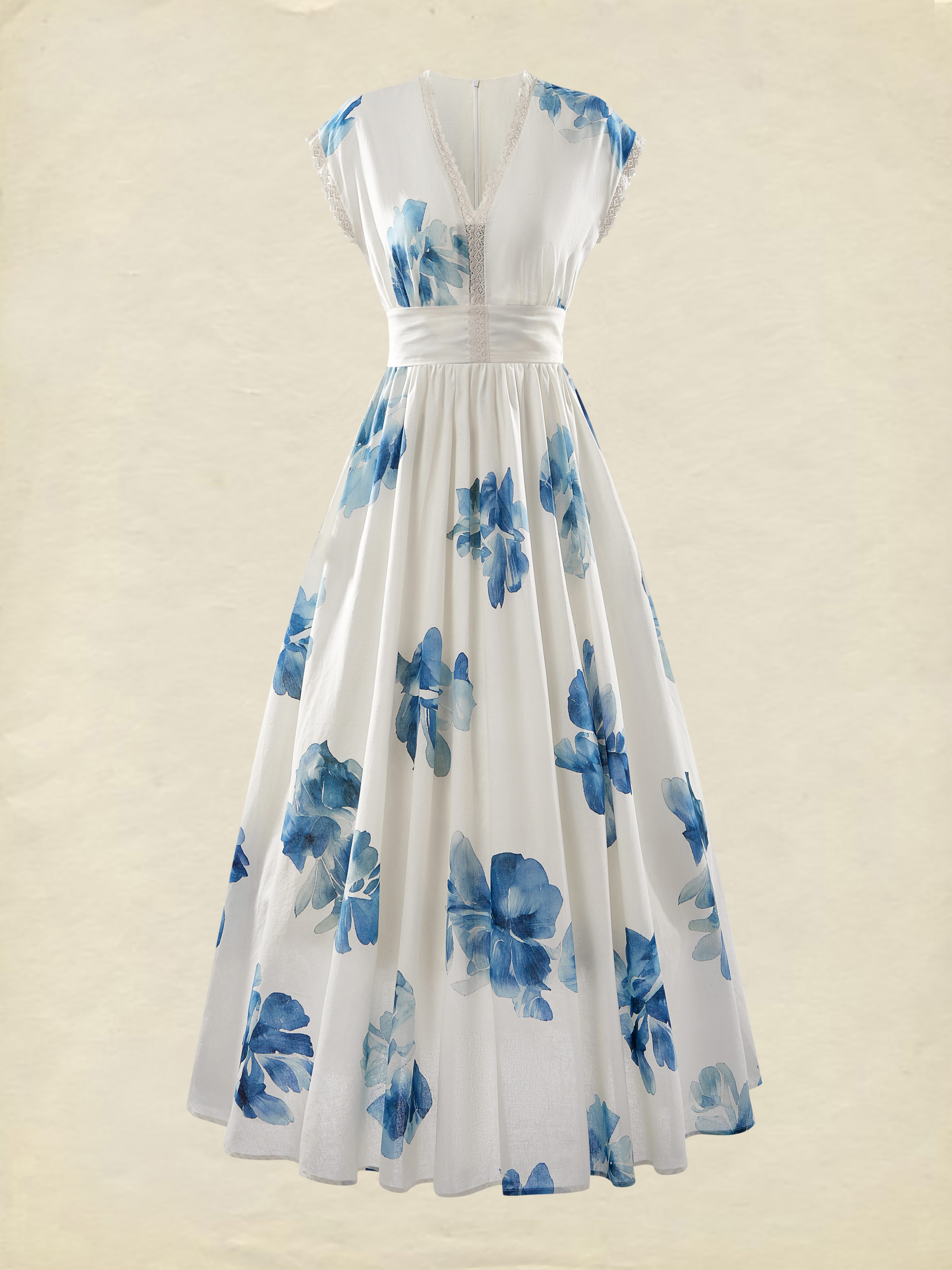 (SIZE:XS-XXL)Linen Maxi Dress, Sleeveless, V neck, Floral, Vintage, Light Blue