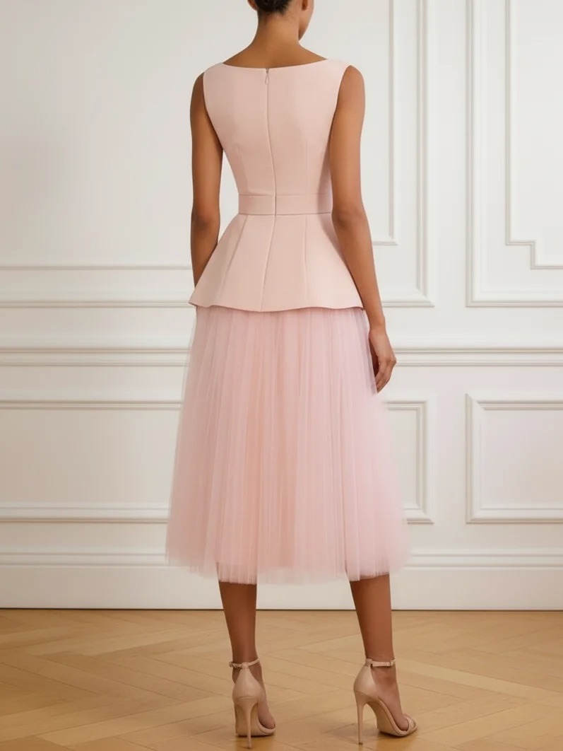 Pink Peplum Split Joint Classic Boat Neck Sleeveless A-Line Midi Dress
