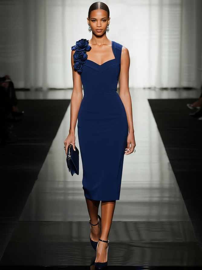 Blue 3D Floral Classic Sweetheart Neckline Sleeveless Sheath Midi Dress