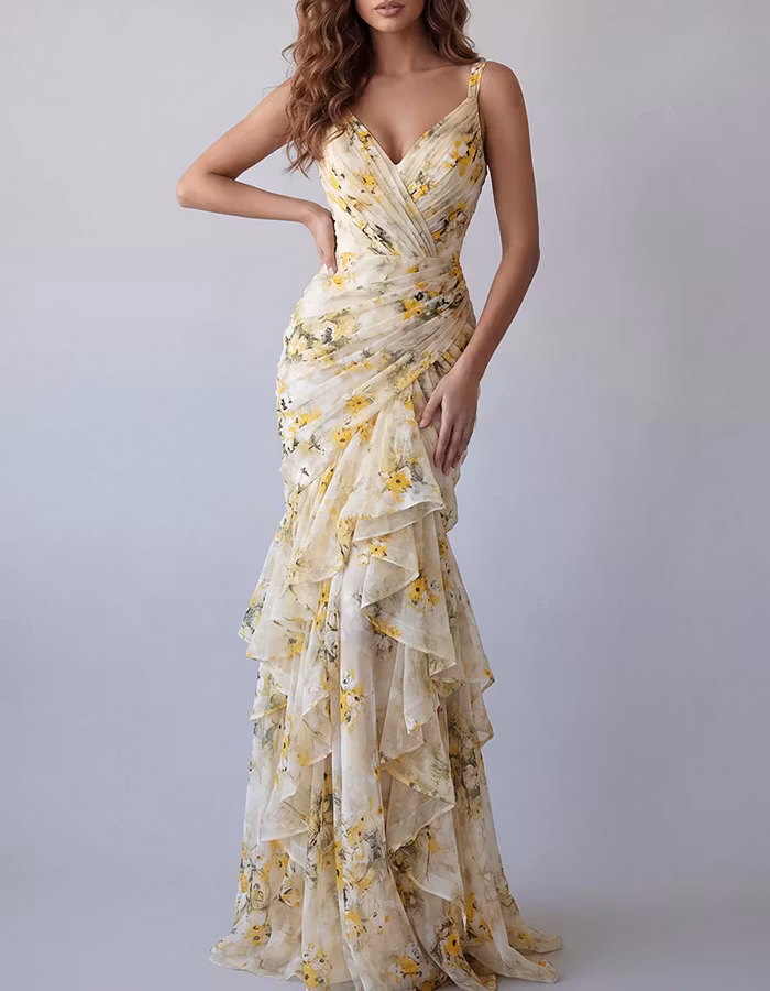 Yellow Floral V-Neck Chiffon Tiered Mermaid Maxi Dress