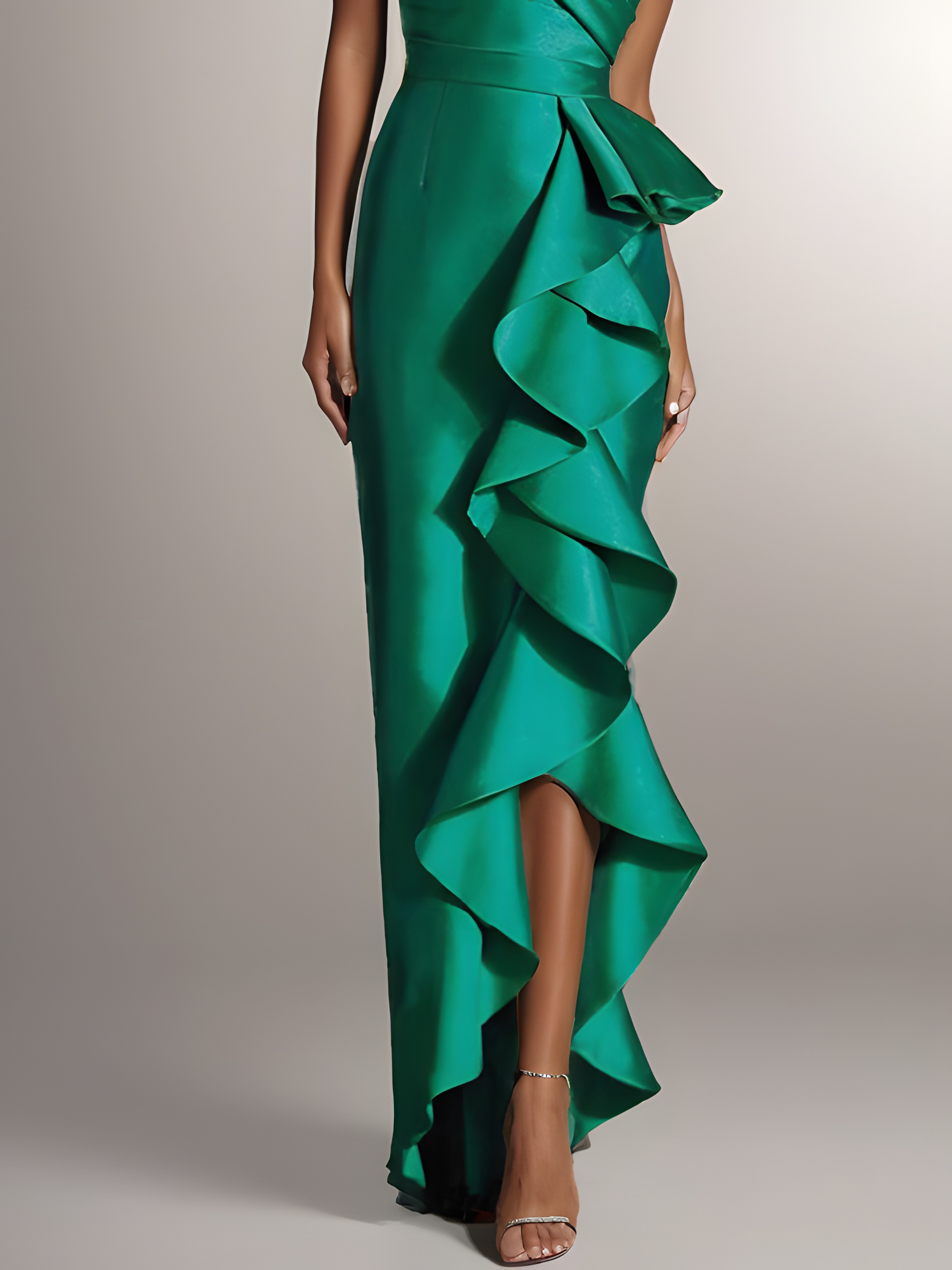 Green Ruffled Satin Off The Shoulder Sheath Maxi Dress