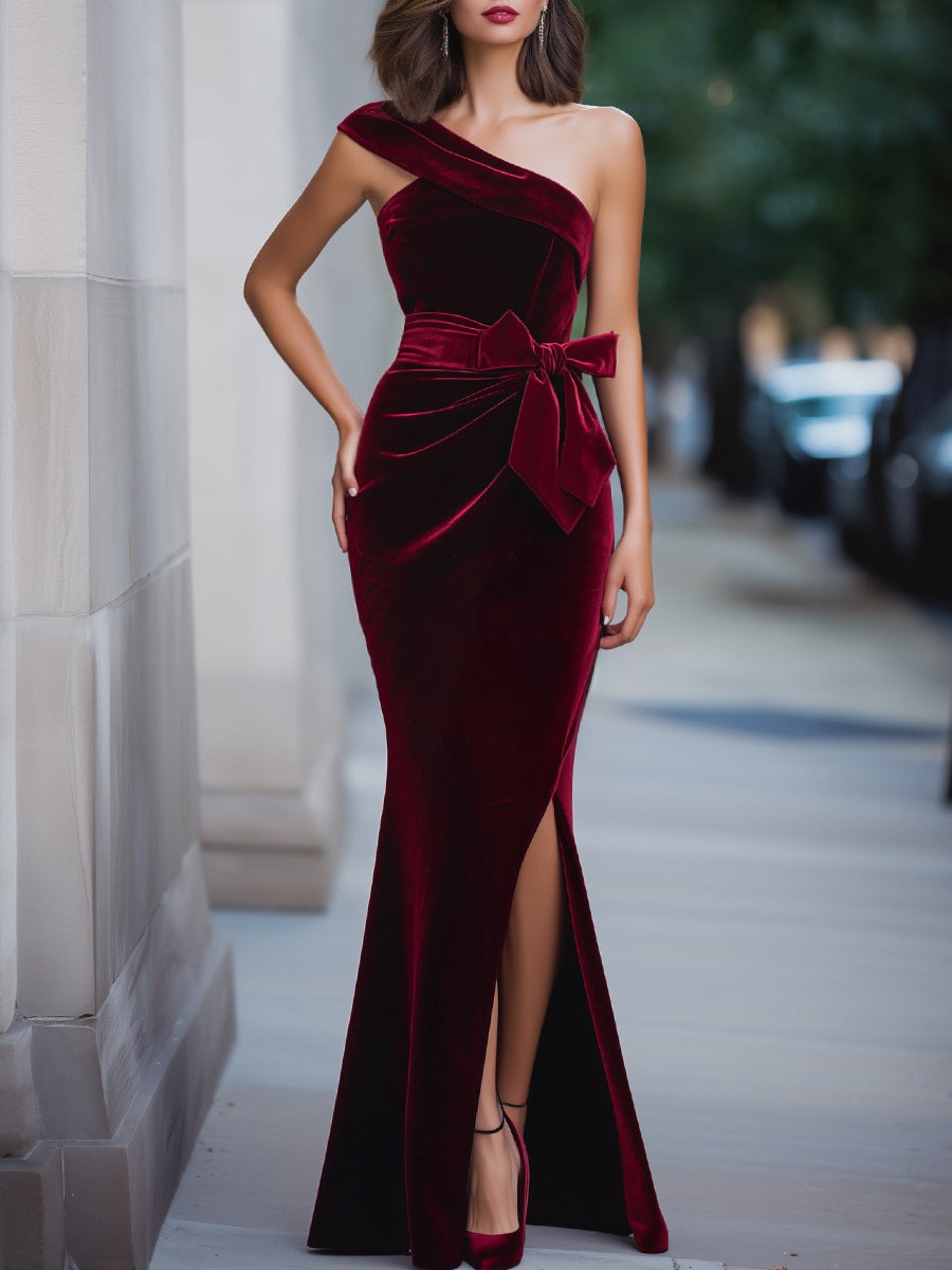 Burgundy One-Shoulder Velvet Evening Dress With Waist Bow