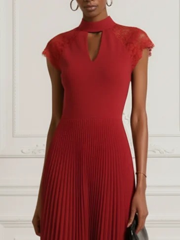 Red Lace Pleated Classic Mock Neck Cap Sleeve A-Line Midi Dress