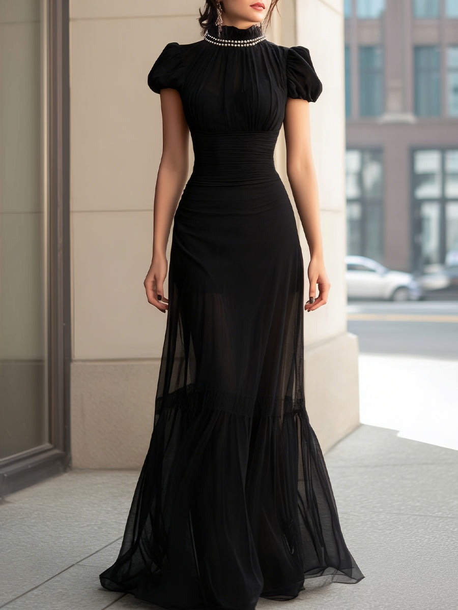Black High-Neck Pearl-Trim Puff-Sleeve Sheer Panel Evening Gown