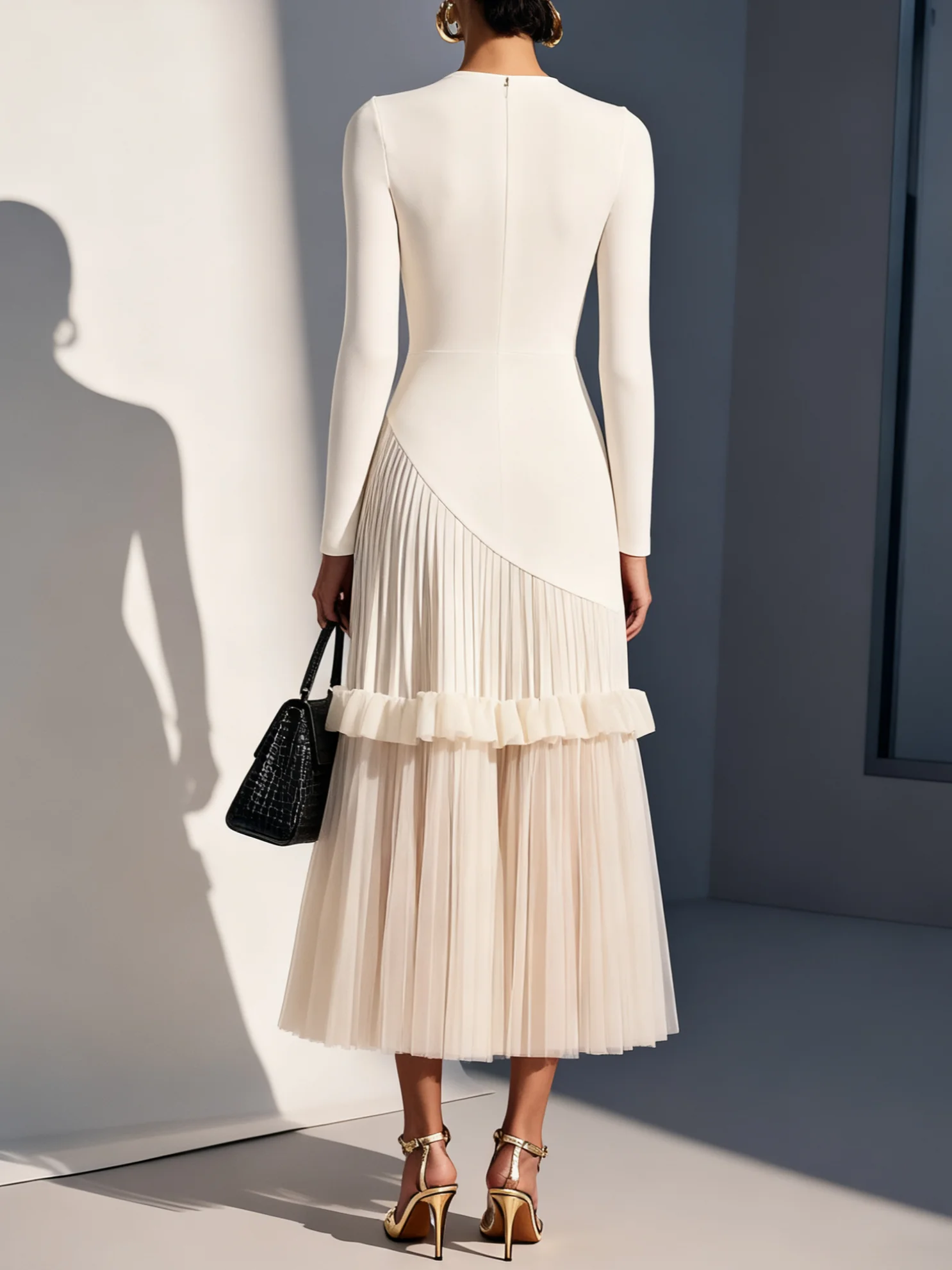 White Pleated Ruffled Knit Crew Neck Long Sleeve A-Line Midi Dress