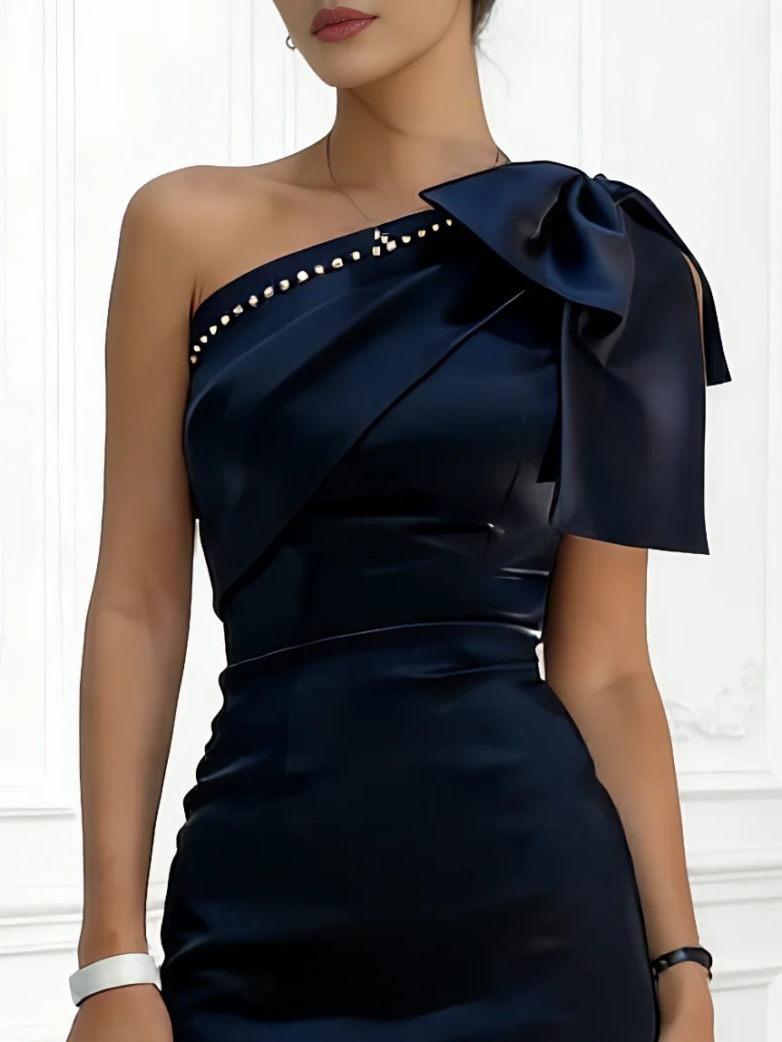 Navy Blue Bow Satin One Shoulder Sleeveless Sheath Midi Dress