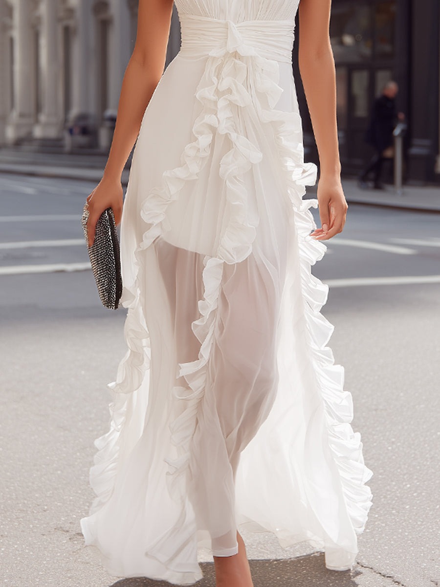 White Halter Neck Ruffle Detail Maxi Dress