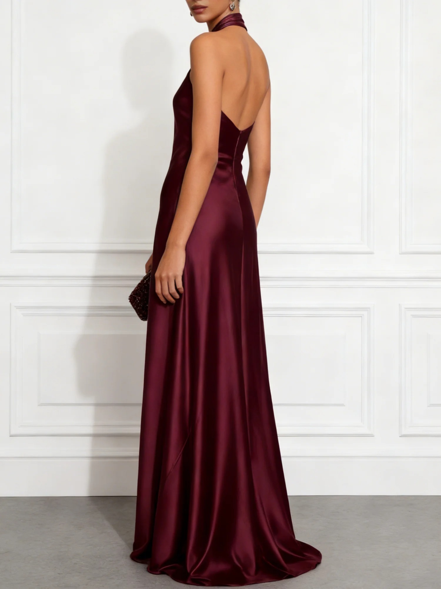 Burgundy Knot Front Satin Halter Sleeveless Sheath Gown Dress