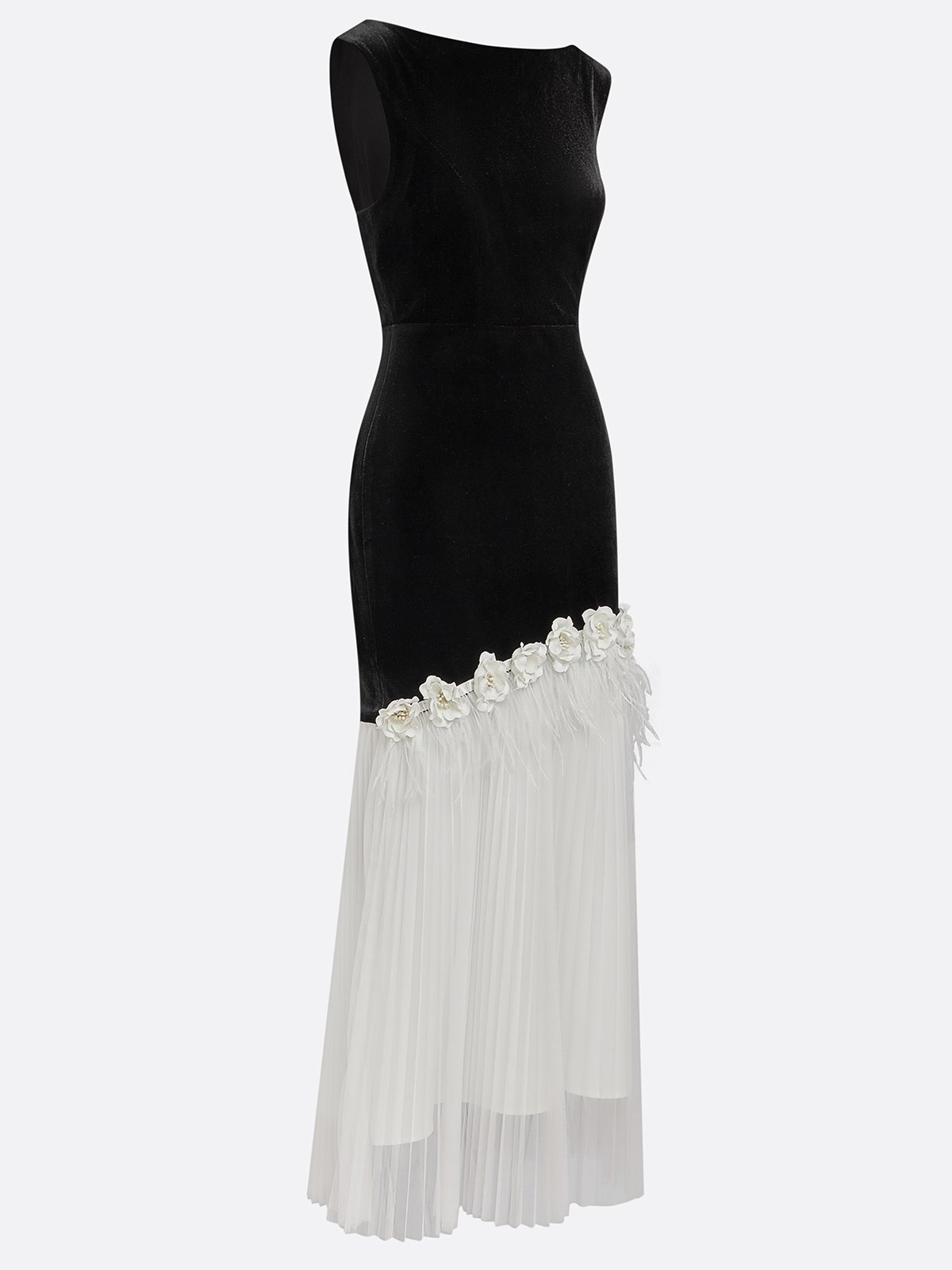 Black Tassel 3D Floral Velvet Boat Neck Sleeveless Mermaid Midi Dress