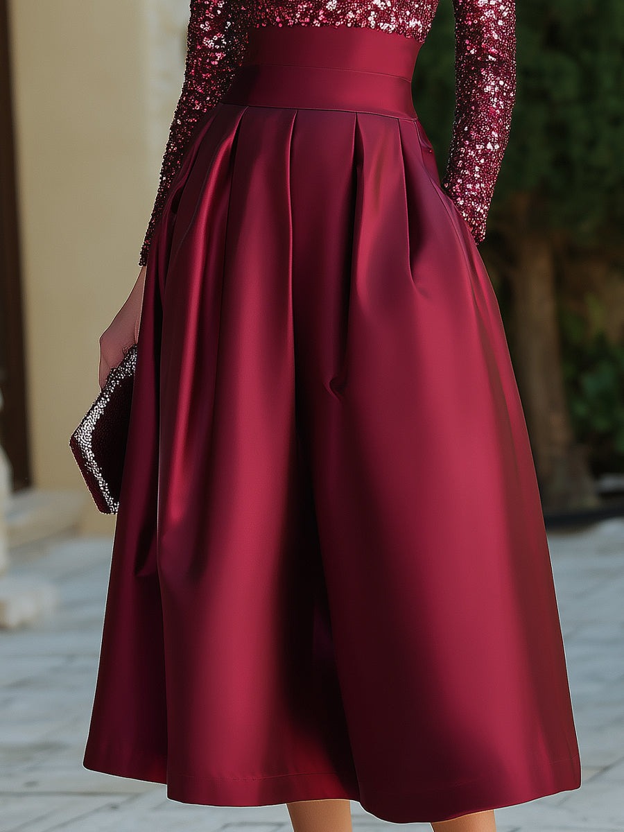 Burgundy Sequin Bodice Midi Dress With Structured Waist