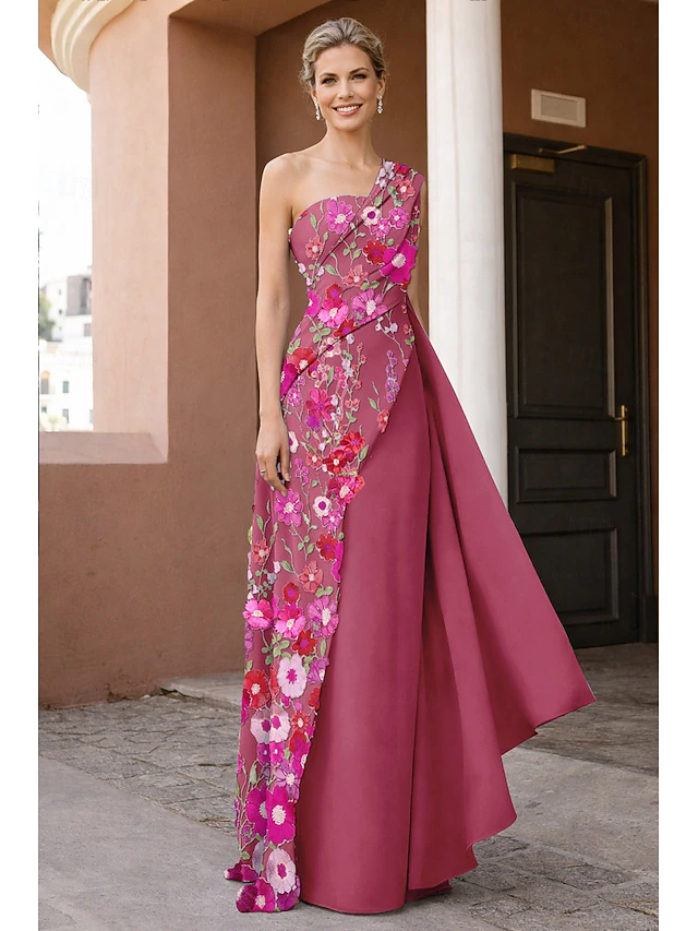 One-Shoulder Floral Applique Asymmetrical Long Evening Dress