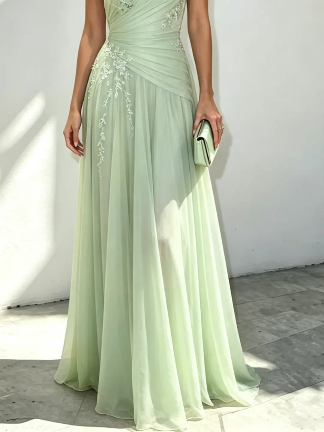 Lightgreen Applique 3D Floral Chiffon One Shoulder Sleeveless A-Line Floor Length Dress