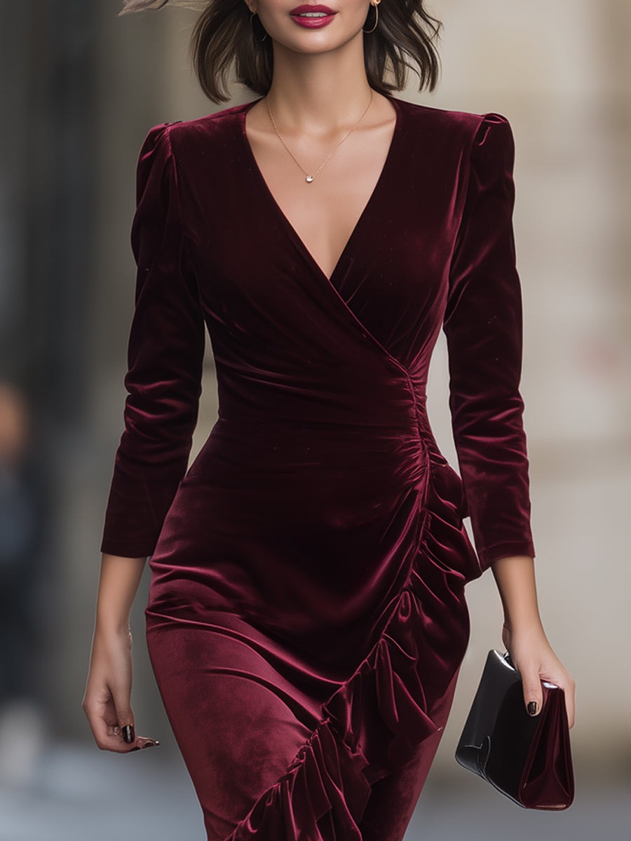 Burgundy Velvet Wrap Midi Dress – Luxe Silhouette With Romantic Ruffles