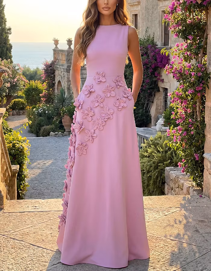 Pink Round Neck 3D Floral Blend Maxi Dress
