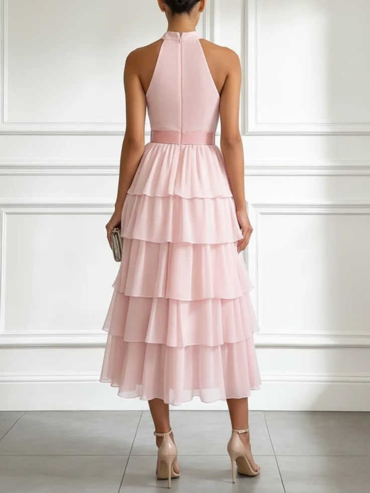 Pink Folds Bow Chiffon Mock Neck Sleeveless A-Line Midi Dress