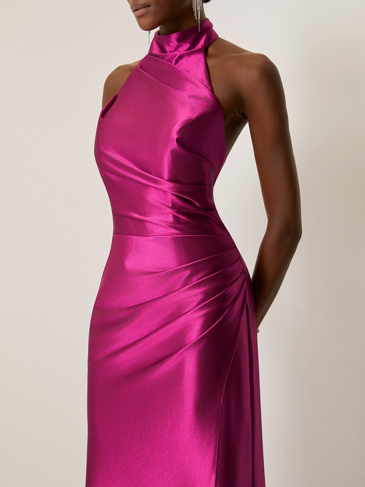 Rose Red Halter Neck Ruched Satin Mock Neck Sleeveless Sheath Gown Dress