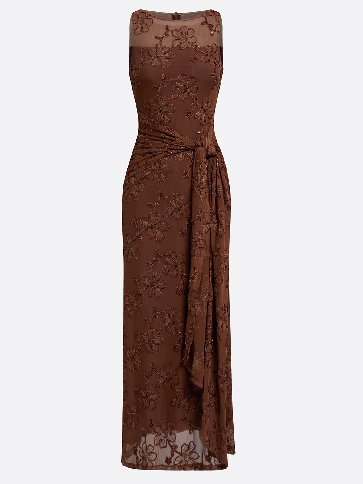 Sleeveless Embroidered Floral Mesh Long Evening Dress