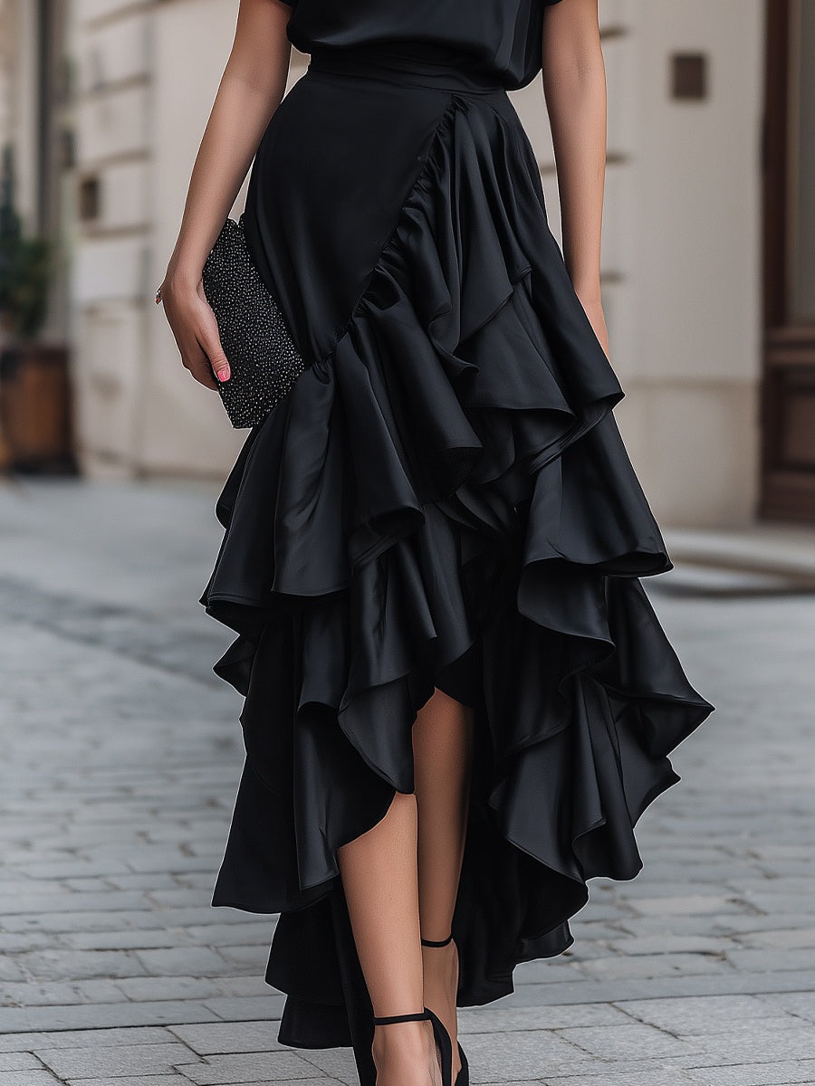 Black Short Sleeve Asymmetric Ruffle Midi Dress