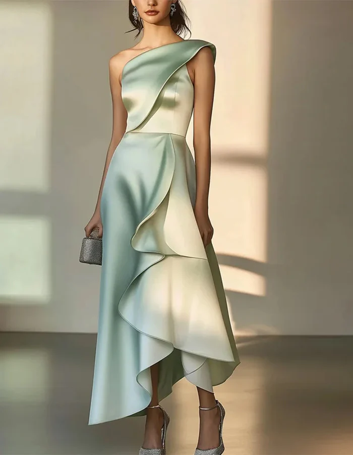 One-Shoulder Ruffle-Trim Satin Evening Gown