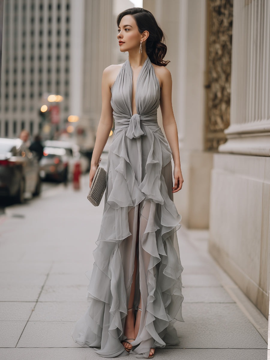 Grey Halter Neck Draped Ruffle Maxi Dress