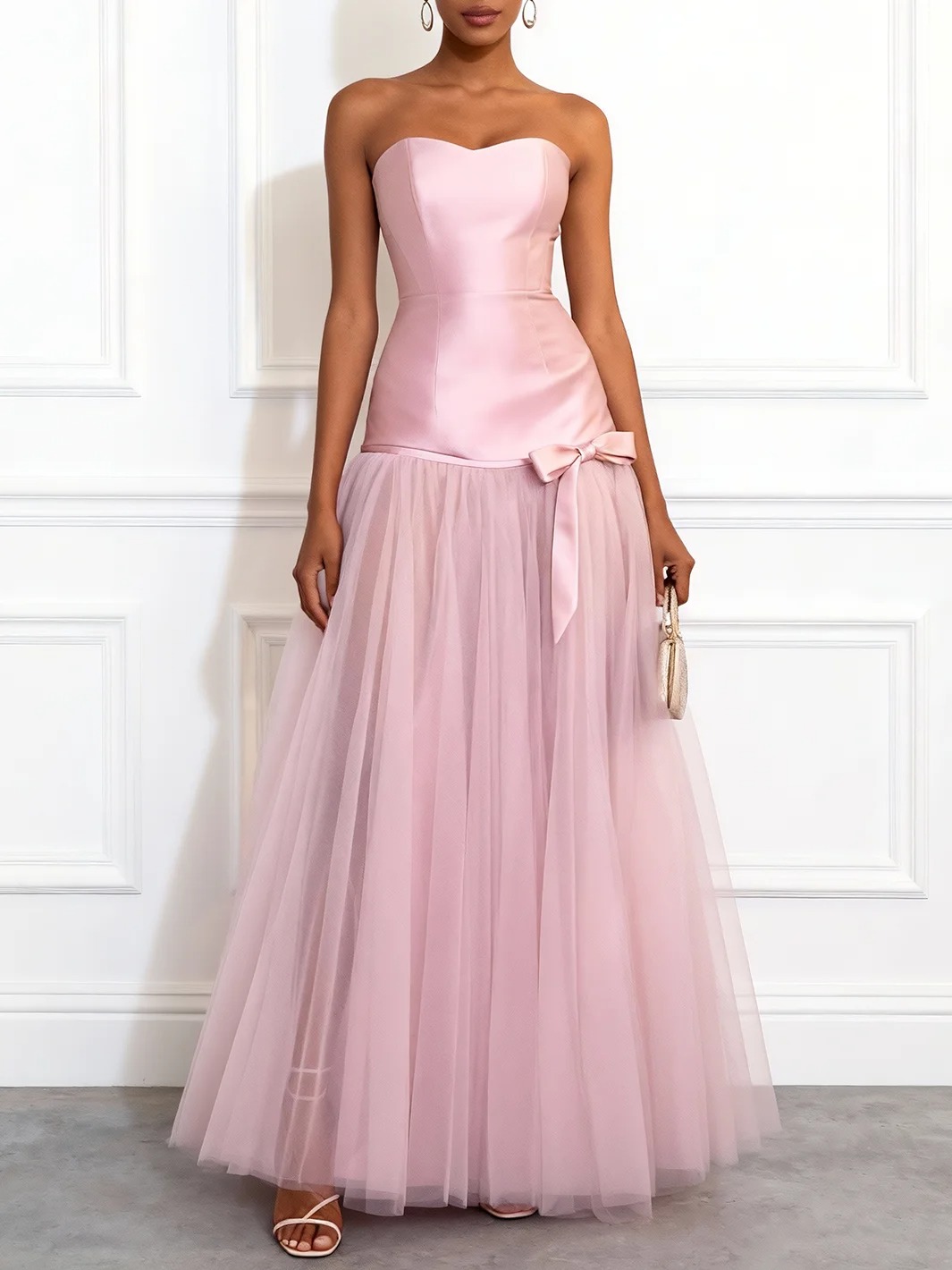 Pink Bow Mesh Satin Strapless Sleeveless A-Line Maxi Dress