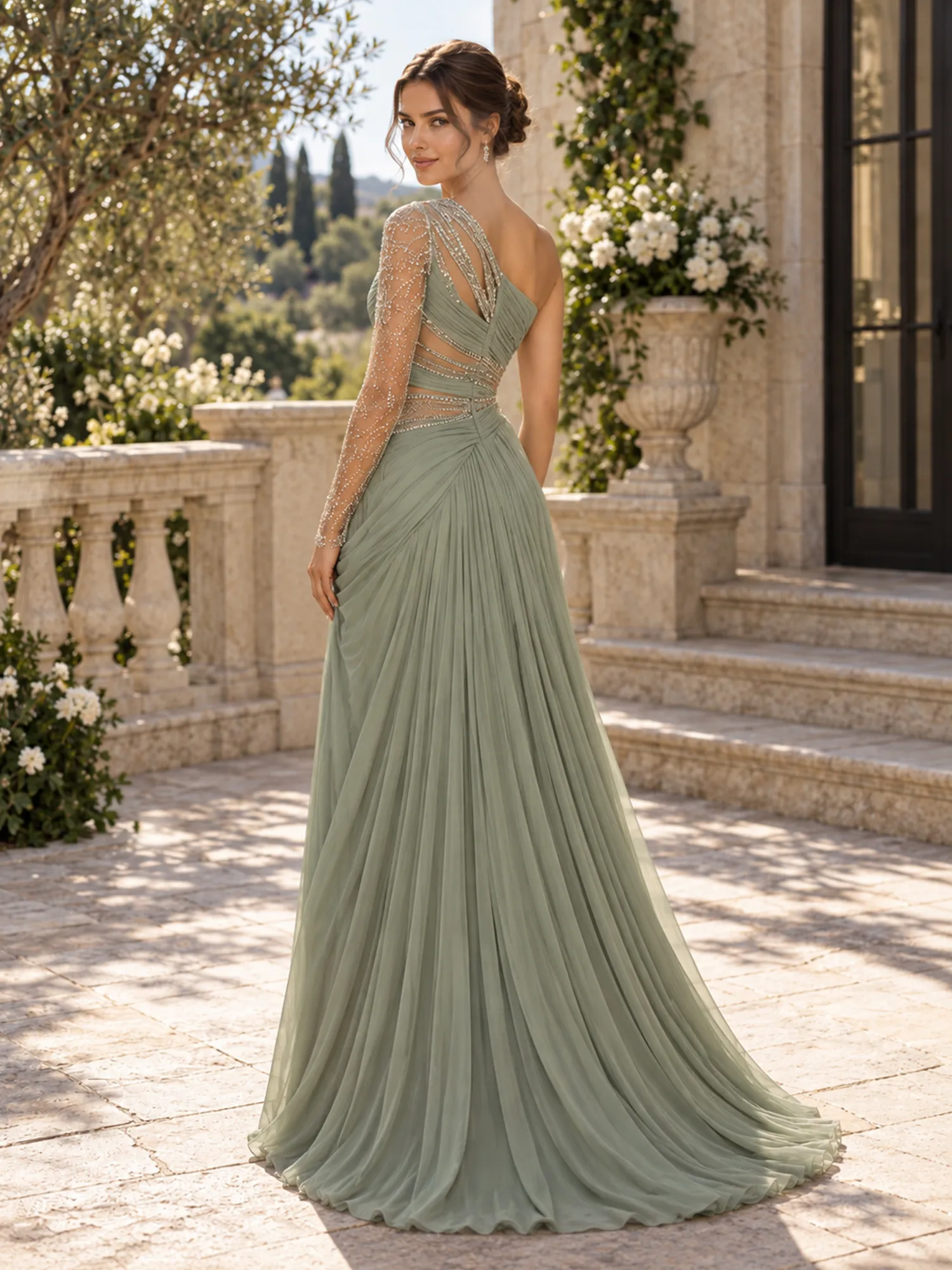 One-Shoulder Beaded Cutout Tulle Evening Gown