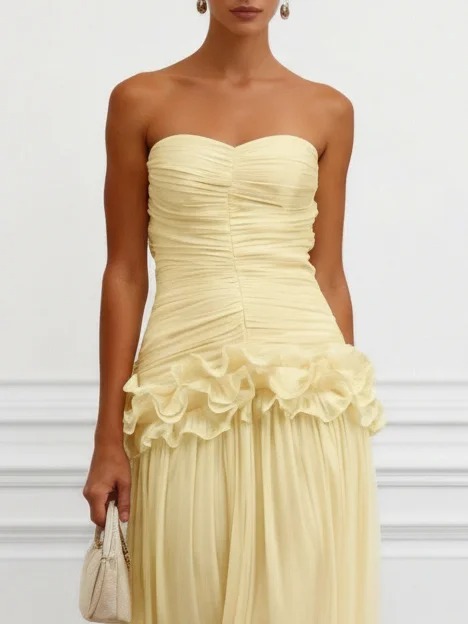 Light Yellow 3D Floral Ruched Chiffon Strapless Sleeveless A-Line Gown Dress