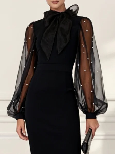 Black Faux Pearl Bow Classic Tie Neck Long Sleeve Balloon Sleeve Sheath Midi Dress