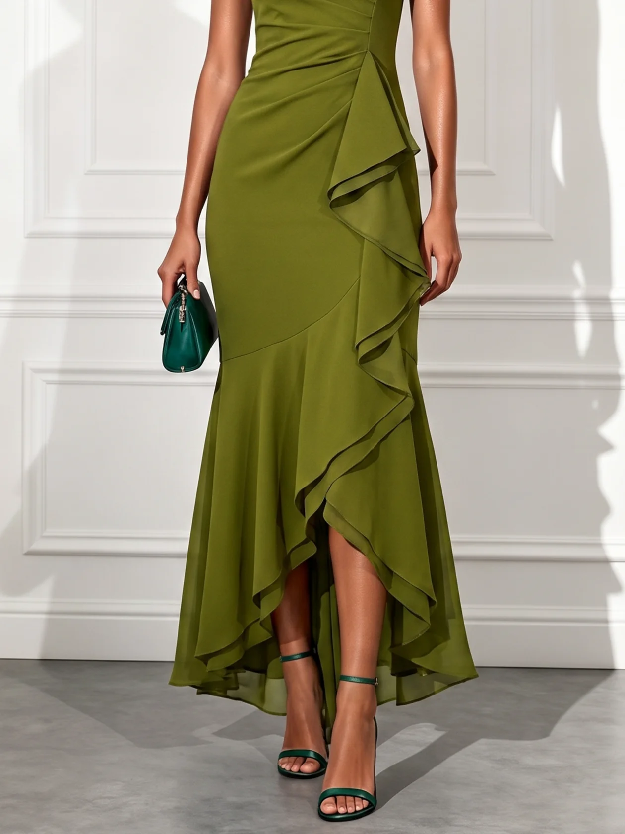 Ruffled Asymmetric Hem Bodycon Evening Gown